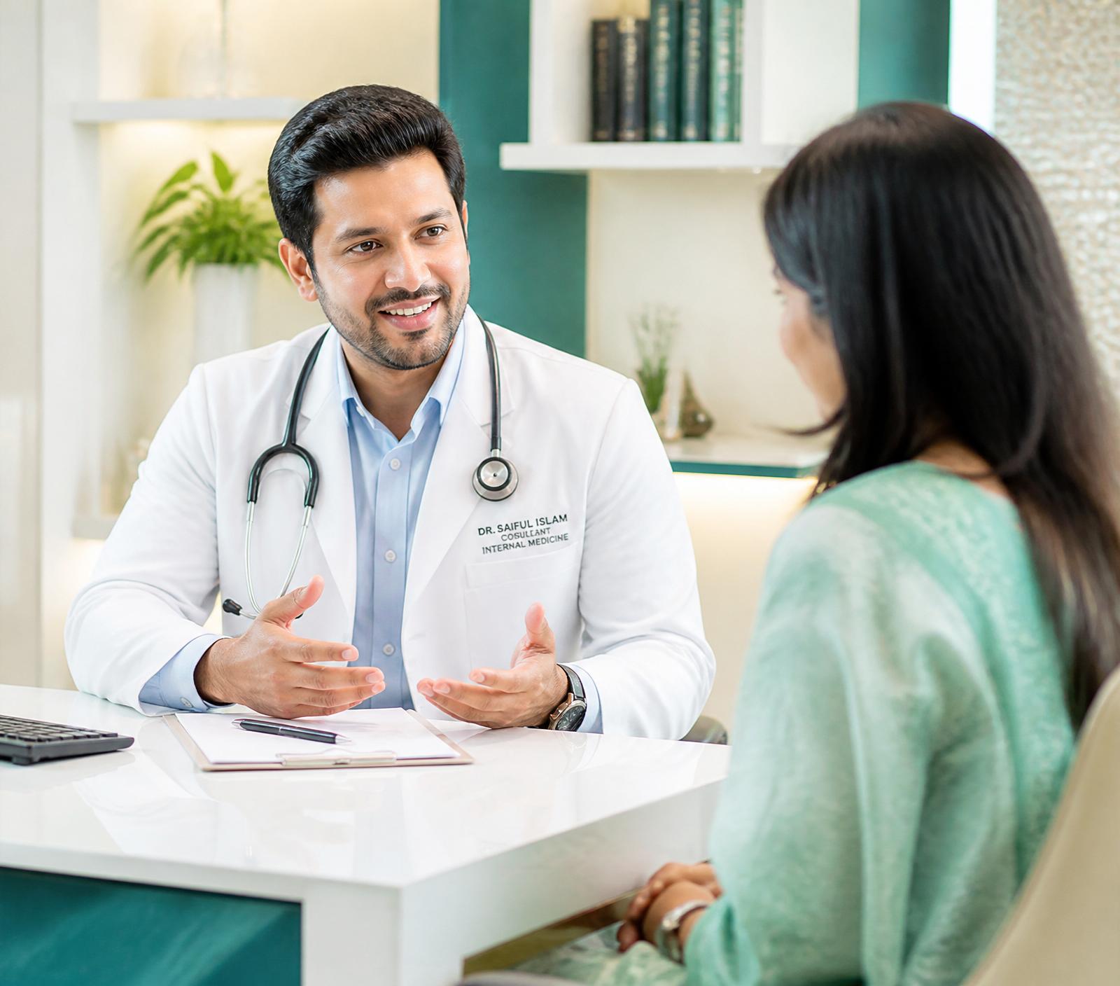 Bangladeshi doctor consulting a patient at HealthCare Plus Clinic